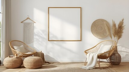 Stylish bohemian lounge area interior featuring natural rattan armchairs, woven poufs, pampas grass, macrame wall art, and a blank square picture frame on a clean white wall, with sunlight