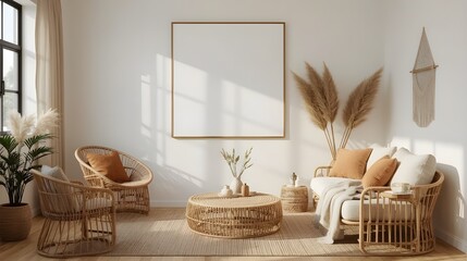 Cozy bohemian living room interior with natural rattan furniture, including a sofa, armchairs, and coffee table, adorned with pampas grass, plants, and a blank square frame on a white wall