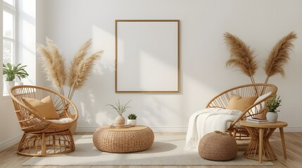 Bright and airy living room interior with two stylish rattan armchairs, a round coffee table, and decorative pampas grass, featuring a blank vertical frame mockup on a white wall