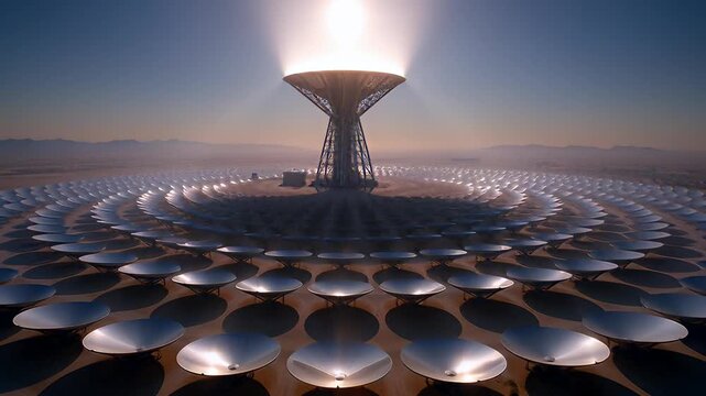 A concentrated solar power mirror field glows with futuristic renewable energy as hundreds of heliostats focus sunlight onto a central tower during a desert sunset.
