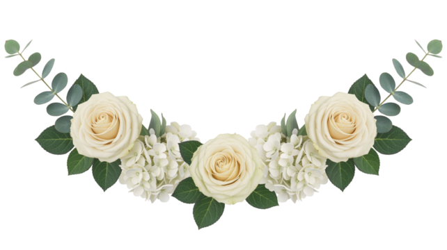 Elegant floral swag of cream roses and white hydrangeas for weddings and special occasions decoration design