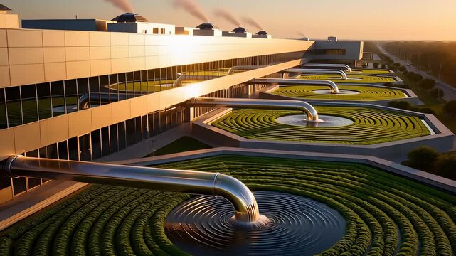 A futuristic data center's innovative cooling algae pond system showcases sustainable and eco-friendly technology at sunset.