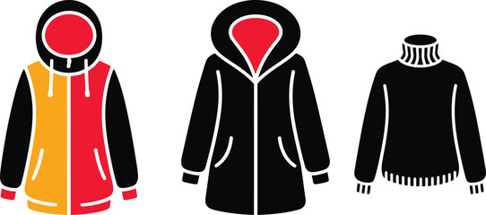 Set Of Winter Outerwear Icons  Vector, Jacket, Parka, and Turtleneck Sweater Graphic © MOSTLAKI