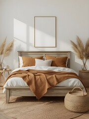 Serene bohemian bedroom interior with a comfortable wooden bed, warm earthy bedding, decorative pampas grass, and a blank vertical picture frame mockup on a white wall