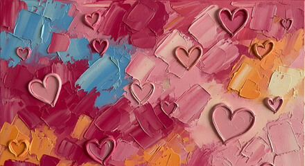 Vibrant abstract background with textured paint strokes in a spectrum of pinks, blues, and oranges, adorned with embossed 3D hearts