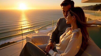 Luxury lifestyle couple portrait of a romantic man and woman embracing on a modern villa balcony overlooking the ocean at a beautiful golden sunset. - Powered by Adobe