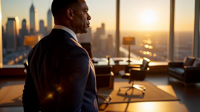 Corporate leadership and ambition shown by a successful Black businessman in his 40s standing in a modern office, overlooking the city skyline at sunset.