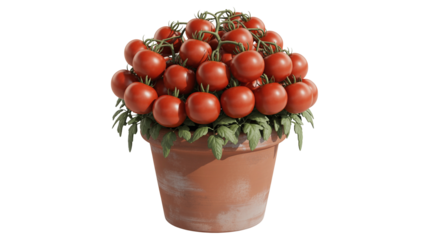 Fresh ripe cherry tomatoes in rustic terracotta pot, a taste of summer and garden-fresh goodness