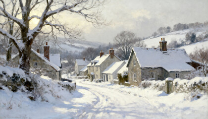 Naklejka premium Snow-covered rural village with stone cottages and trees on a serene winter morning in a countryside landscape