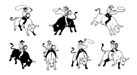Naklejka premium Set of cowboys riding a bull on rodeo