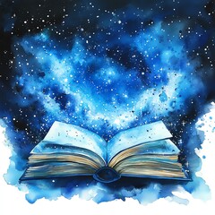 Watercolor Galaxy Book Open Book in a Starry Night Sky, Fantasy Illustration, Book Art, Celestial, Dreamy Fantasy art, Watercolor painting   high resolution   for isolate image