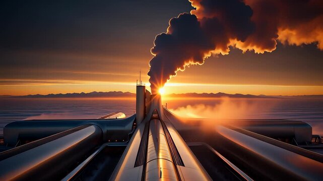 Futuristic DAC plant emitting vapor at sunrise over a snowy arctic landscape, a concept for future climate and energy technology.
