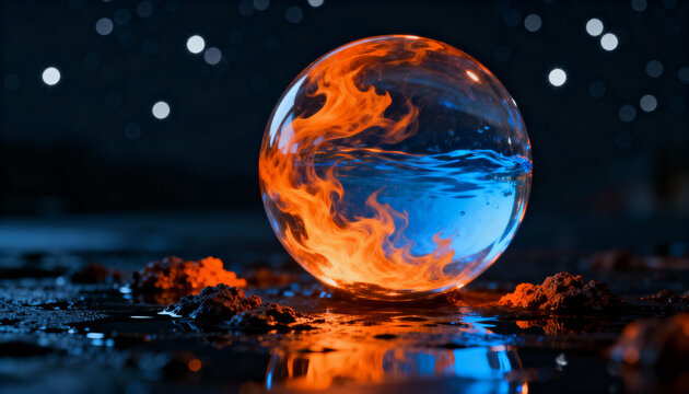 Sphere with fiery flames and water elements reflecting on wet ground under a starry night sky