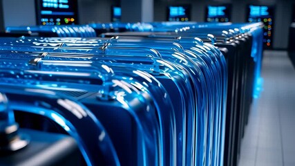 A futuristic data center reveals a glowing blue liquid cooling system working on rows of high-performance server racks for big data and AI. - Powered by Adobe