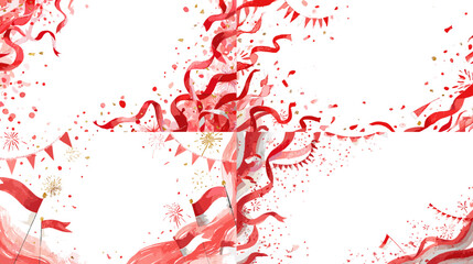 Festive watercolor illustration of red ribbons confetti streamers bunting and celebratory elements in dynamic motion. Ideal for party themes holidays events invitations and joyful design.