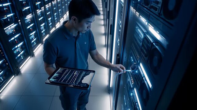 Data Center: East Asian IT technician plugs a network cable into a server rack in a modern server room, holding a tablet with data analytics.