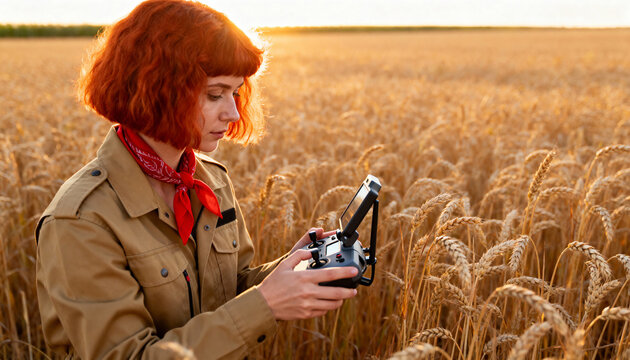 A female farmer operating a drone with a remote controller in a golden wheat field. Agritech specialist using modern technology for smart farming at sunset - Powered by Adobe