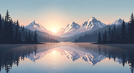 Serene landscape with snow-capped mountains reflecting in a calm lake at sunrise or sunset, framed by pine trees.