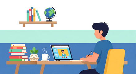 A young man engaged in an online video call or virtual class on his laptop, surrounded by books and a plant in a cozy home study environment.