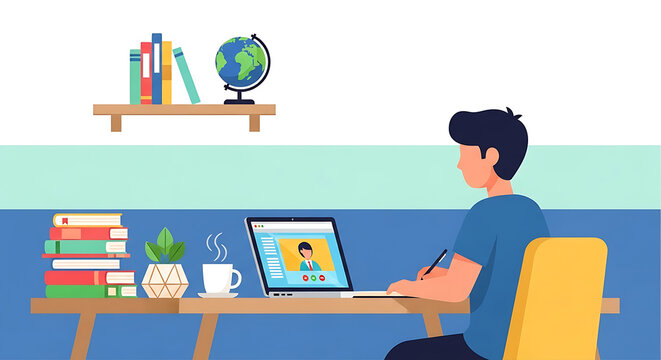 A young man engaged in an online video call or virtual class on his laptop, surrounded by books and a plant in a cozy home study environment.