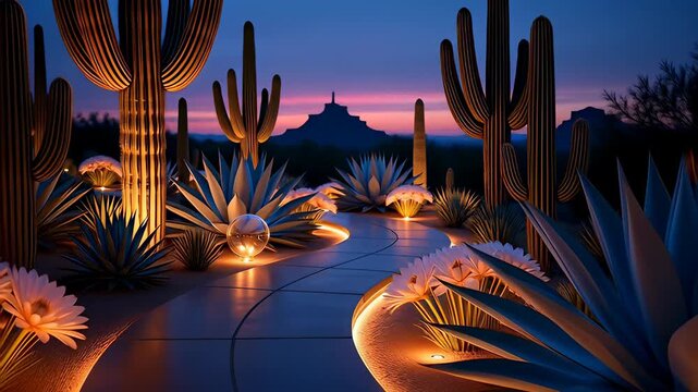 A serene desert botanical garden glows at twilight, with illuminated saguaro cacti and agave lining a winding path under a colorful sky.