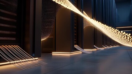 A digital firefly swarm simulated as data points flows through a futuristic server room, visualizing big data, cloud computing, and information technology. - Powered by Adobe