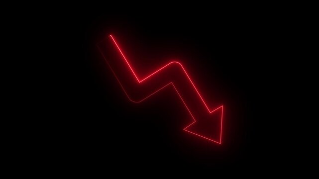Financial business Loss down graph chart with red neon line,glowing red neon downward graph with arrow indicating decline, loss, and negative trends on a dark, abstract background, perfect .4K