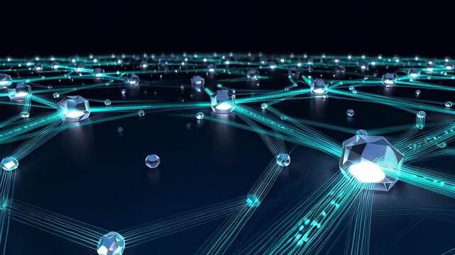 Digital ledger nodes connecting in a futuristic blockchain network, visualizing data transfer through glowing light beams in a decentralized system.