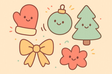 Cheerful cartoon Christmas icons—mitten, ornament, tree, and bow with smiling faces on beige with stars. Festive and fun, ideal for kids’ holiday designs, decor, and seasonal branding