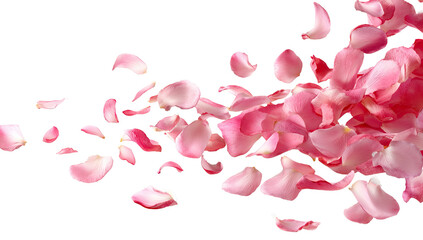 Pink rose petals float in a gentle, swirling motion against a black backdrop