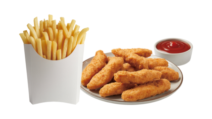 Crispy chicken tenders and golden fries ready to dip in ketchup for delicious comfort food cravings