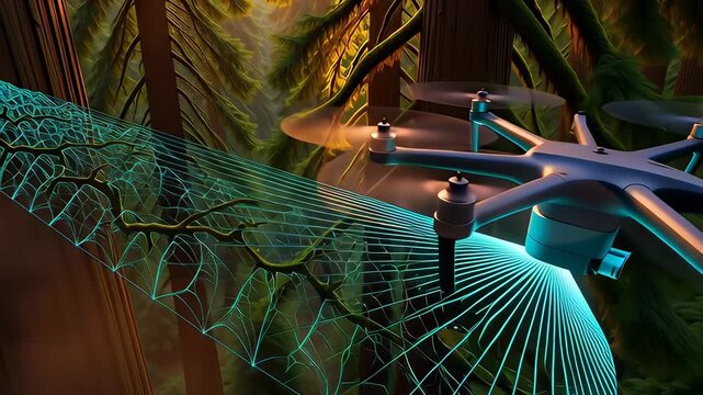 A futuristic drone's LiDAR scan reveals a complex fractal pattern within a dense forest canopy at sunset.