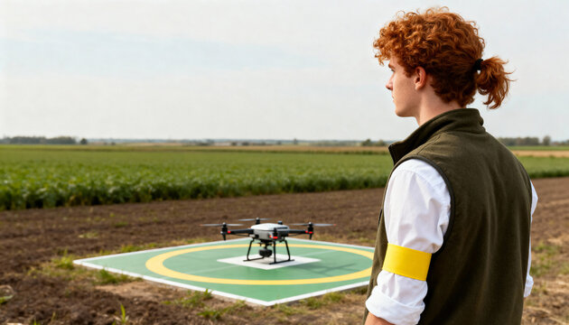 Young man preparing a drone for flight in an agricultural field. Agritech specialist with a quadcopter for farm surveying. Modern technology in precision farming concept
