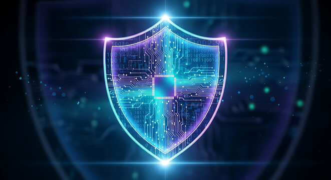 A glowing digital shield icon with circuit board patterns, representing cybersecurity and data protection in a futuristic technological setting.