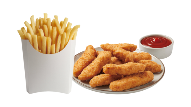 Crispy chicken tenders and golden fries ready to dip in ketchup for delicious comfort food cravings
