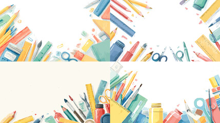 Watercolor illustration of colorful school supplies including pencils rulers scissors notebooks and stationery arranged in decorative borders. Perfect for education themes back to school and classroom