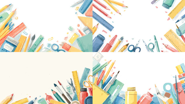 Watercolor illustration of colorful school supplies including pencils rulers scissors notebooks and stationery arranged in decorative borders. Perfect for education themes back to school and classroom