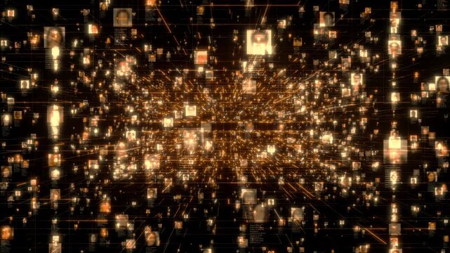 moving through the searching stream of shining people portraits linked by orange colored network grid in social network. Artificial intelligence concept for business, communications, technology