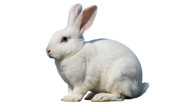 Adorable white rabbit with blue eyes looking left, a symbol of spring, Easter, and new beginnings