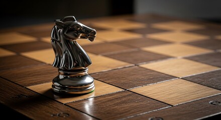 Metallic knight chess piece standing proudly on a wooden chessboard