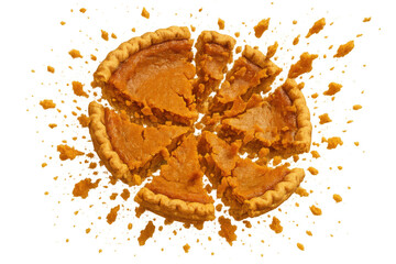 Pumpkin pie breaking apart into many pieces with crumbs and filling scattering on a transparent background
