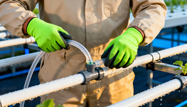 Farmer's hands in gloves connecting a hose to a hydroponic irrigation system. Worker maintaining pipes in a modern greenhouse for soilless cultivation