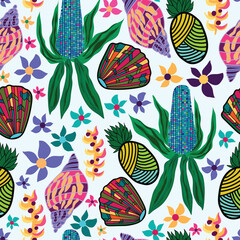 Aztec colored corn, pineapple, colorful flowers and multicolor conch and cockle on light blue tinted background with rainbow leaves seamless pattern. 