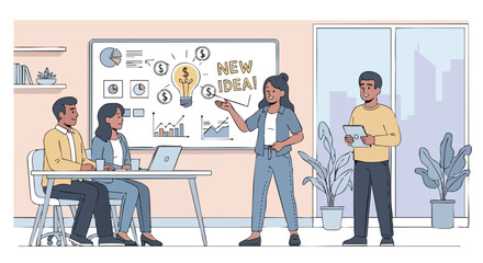 Businesswoman Presenting a New Idea and Financial Strategy with Charts and Light Bulb to Her Team in a Modern Office