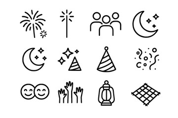Fototapeta premium Night Party Icons. Night party fun. Line icon set of Night party fun: fireworks, sparklers, group of people, crescent moon, night sky, stars, party hat,