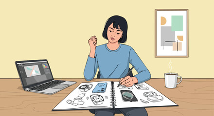 Female Product Designer Sketching Concepts for Smart Devices and Gadgets in a Notebook at Her Desk