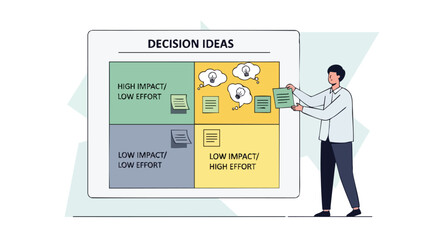 Businessman Prioritizing Decision Ideas on an Effort-Impact Matrix to Strategically Select High-Value Tasks