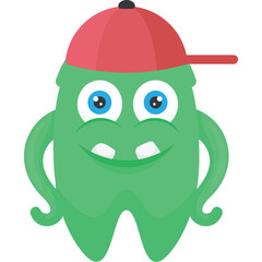 Green Monster With Red Baseball Cap And Googly Eyes Smiling With Two Front Teeth Visible On Transparent Background