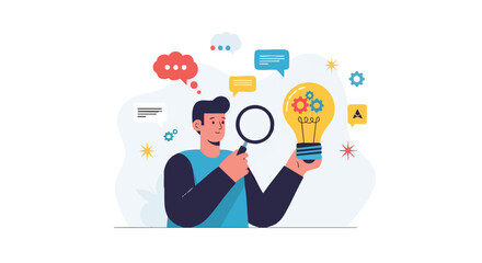 Man Analyzing a Complex Business Idea Light Bulb with Gears and Magnifying Glass While Thinking and Communicating