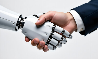 Human hand in suit shaking advanced robotic hand, symbolizing AI collaboration and future technology integration.